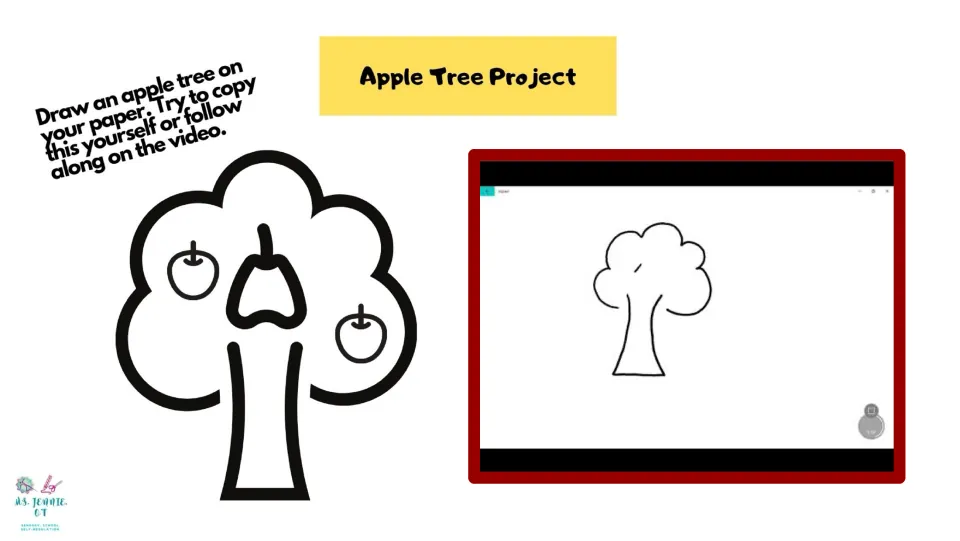 Apple tree project begins with instructions to draw a tree on paper by copying the example or following the video