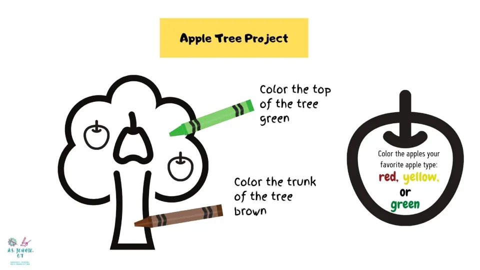 Apple tree project coloring instructions: make the treetop green, the trunk brown, and apples red, yellow, or green