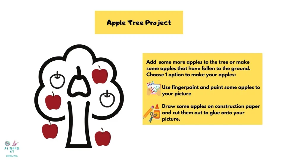 Apple tree project adds apples on the tree or ground using fingerpaint or construction paper to cut out and glue on