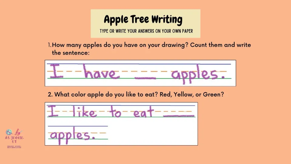 Apple tree writing slide prompts students to complete 'I have __ apples' and 'I like to eat __ apples'