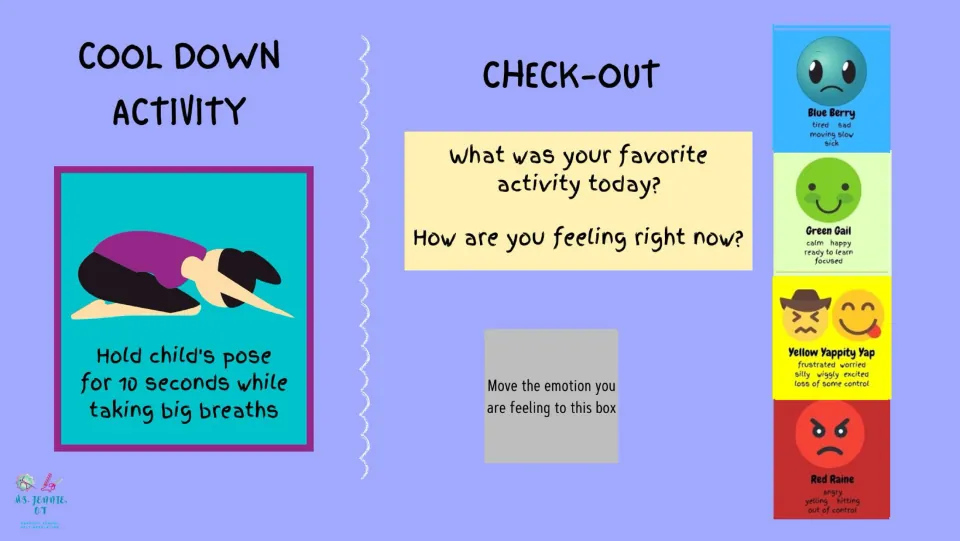 Cool-down and check-out slide asks for child's pose for 10 seconds, big breaths, a favorite activity, and feelings