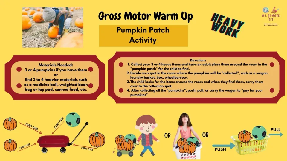 Gross motor warm-up directs children to collect 3 or 4 heavy items, then push, pull, or carry their collection