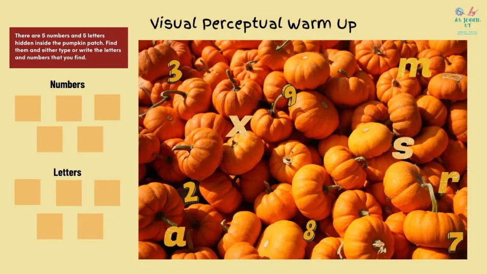 Visual perceptual warm-up asks students to find five numbers and five letters hidden in a pumpkin patch photo