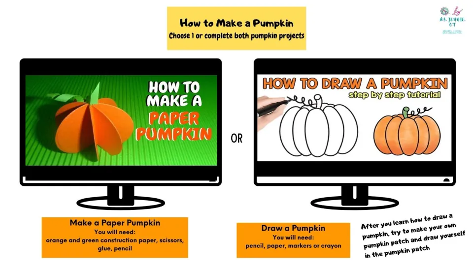 Pumpkin project slide offers paper pumpkin and pumpkin drawing tutorials, with materials listed for each