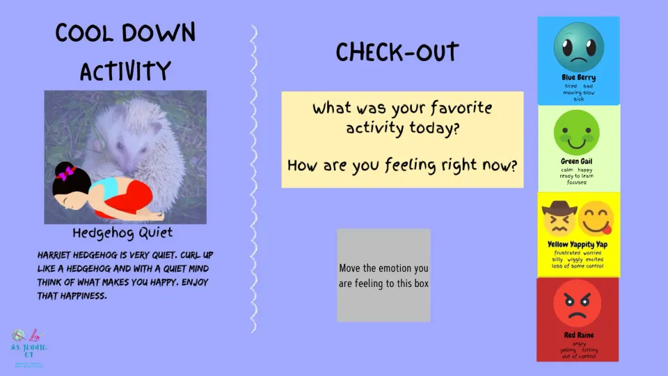 Cool-down and check-out slide pairs Hedgehog Quiet with prompts about a favorite activity and current feelings