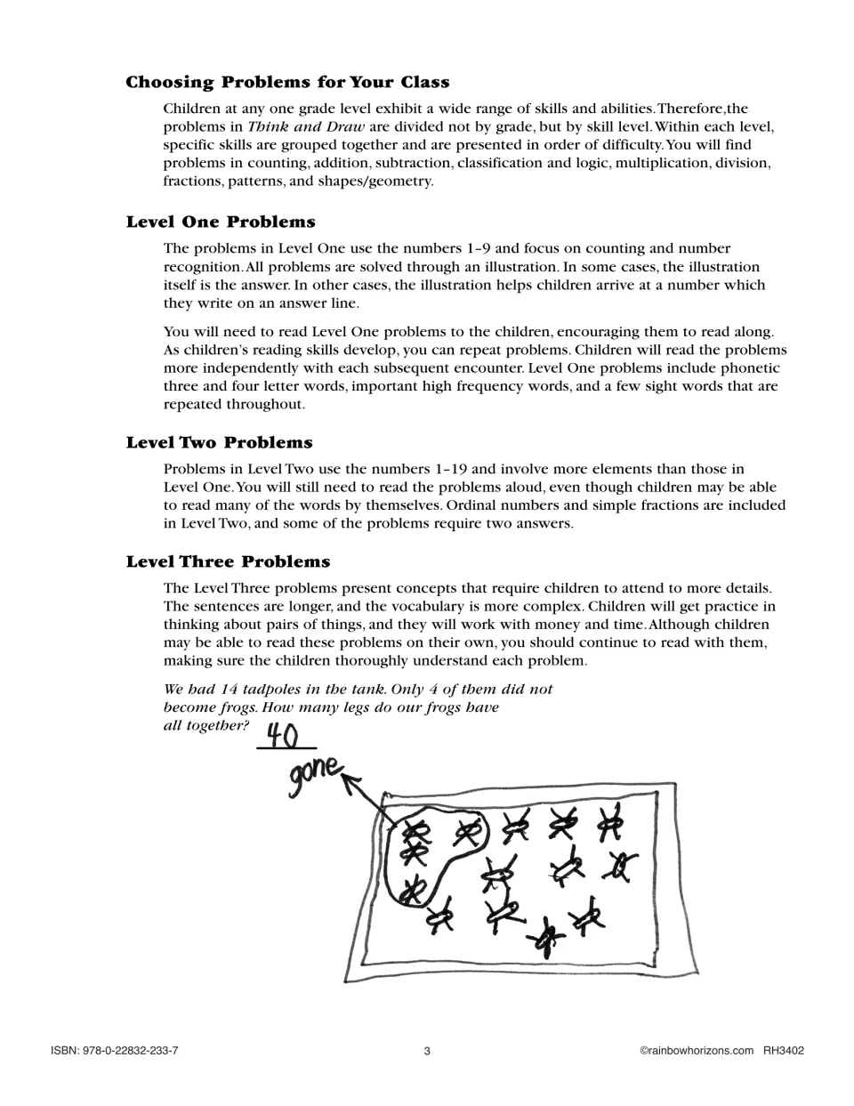 Teacher guide explains three skill levels: numbers 1–9, numbers 1–19, and problems involving money and time.