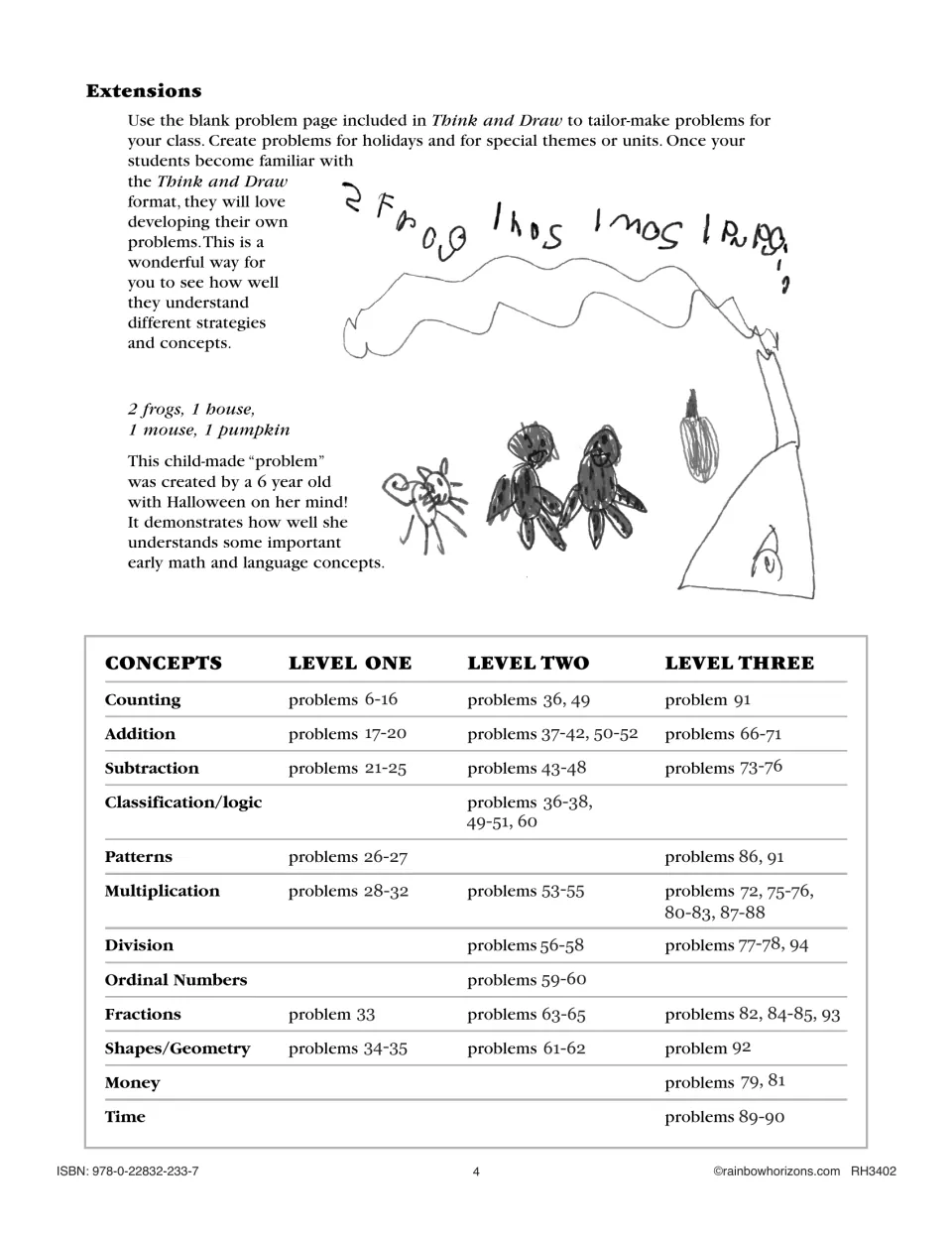 Teacher extensions explain creating custom drawing problems and list math concepts by problem number and level.