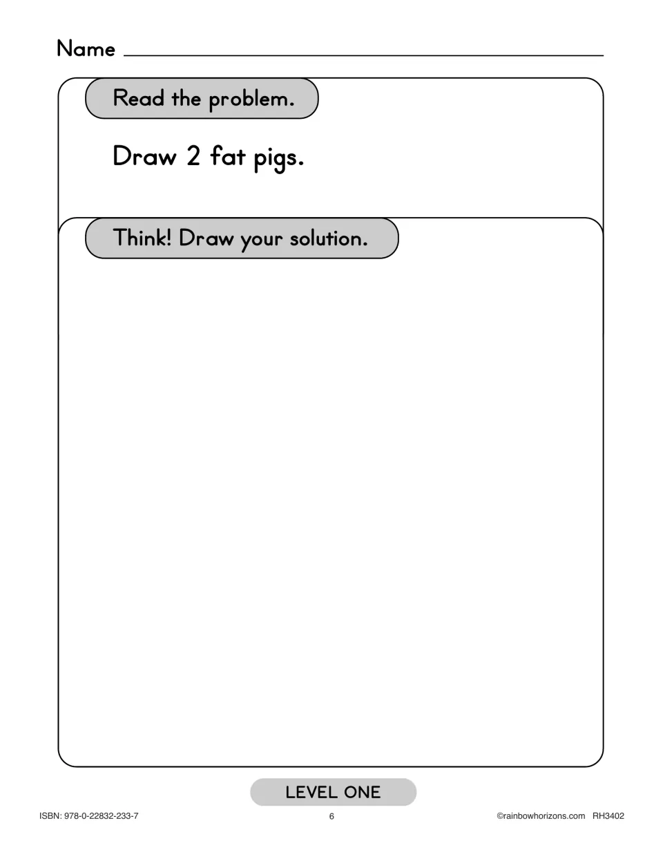 Level One counting exercise asks students to read “Draw 2 fat pigs” and show their solution in a drawing.
