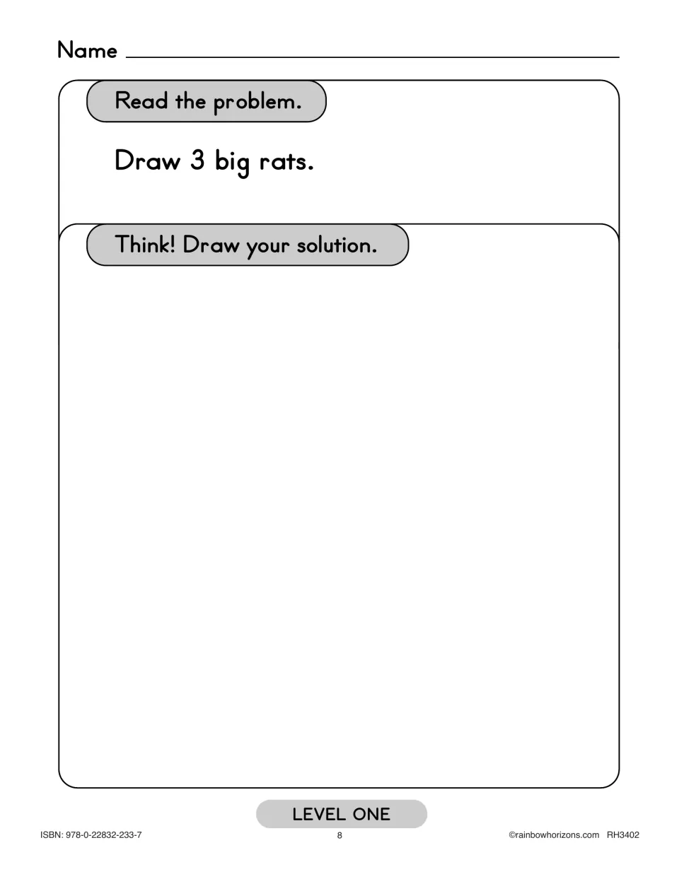 Level One counting exercise asks students to read “Draw 3 big rats” and show their solution in a drawing.