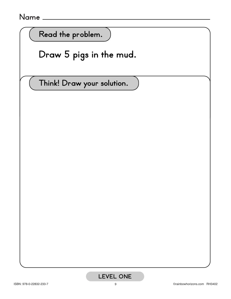 Level One counting exercise asks students to read “Draw 5 pigs in the mud” and draw the requested scene.