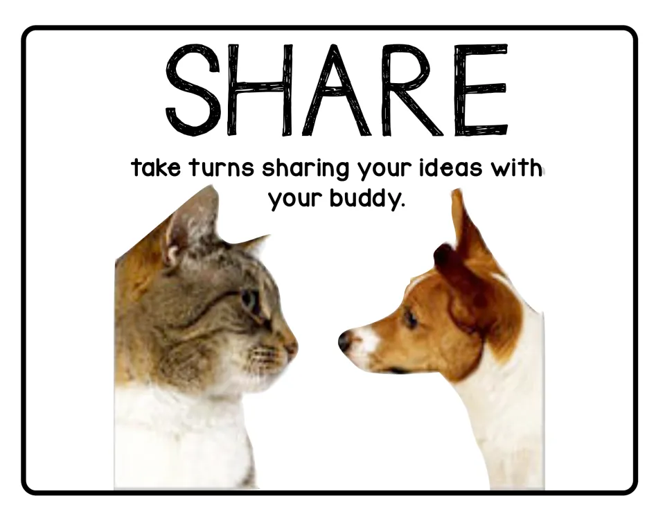 Share poster: take turns sharing your ideas with your buddy, the third step in the discussion poster set.