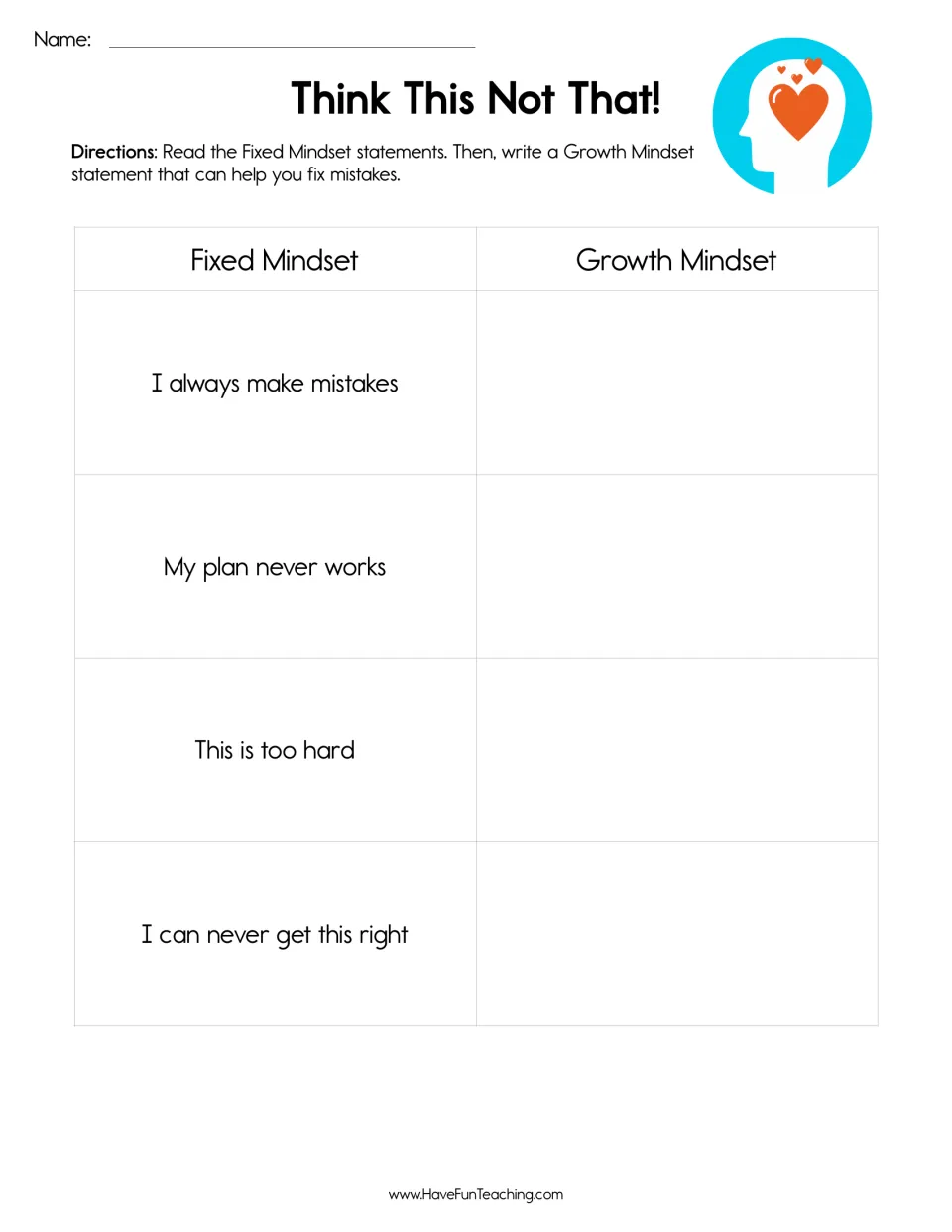Growth mindset reframing: students rewrite 4 fixed mindset statements, like "This is too hard," as growth mindset ones