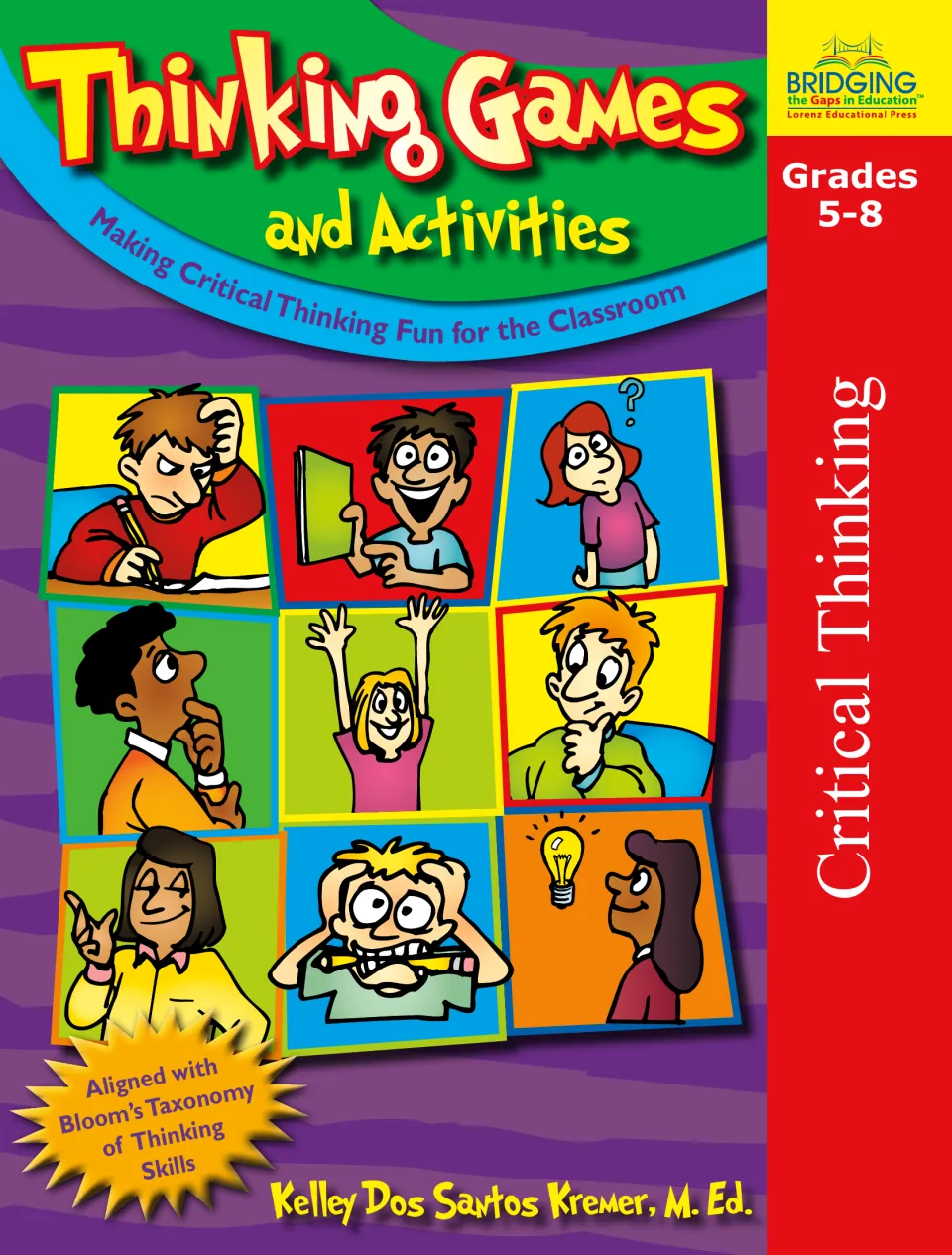Thinking Games and Activities cover for grades 5-8, aligned with Bloom's Taxonomy, showing nine cartoon students thinking