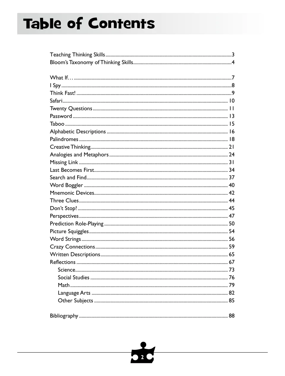 Table of contents listing games such as What If, I Spy, Safari, Taboo, Palindromes and Reflections by school subject