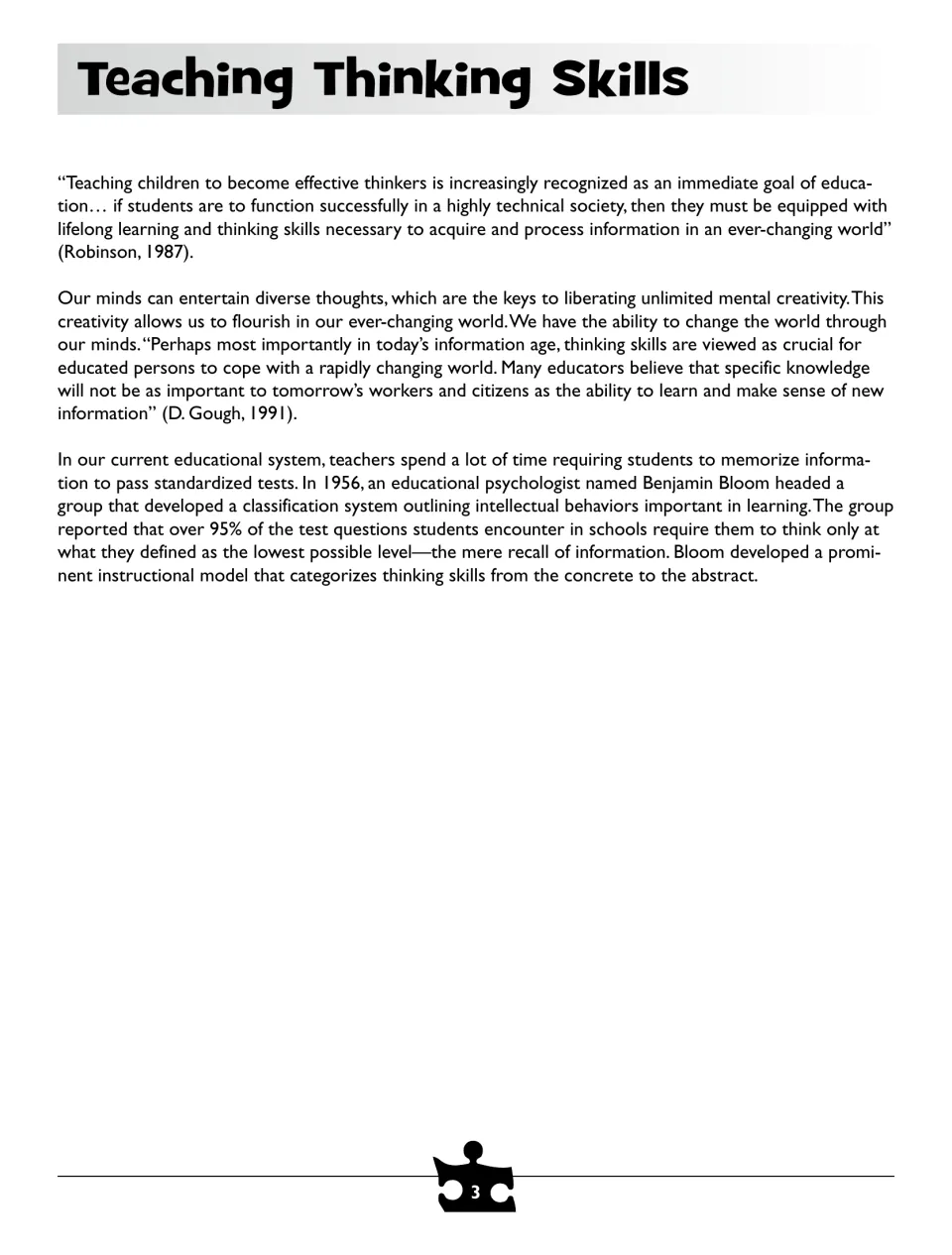 Teaching Thinking Skills: teacher background on why thinking matters, quoting Robinson and Gough and introducing Bloom