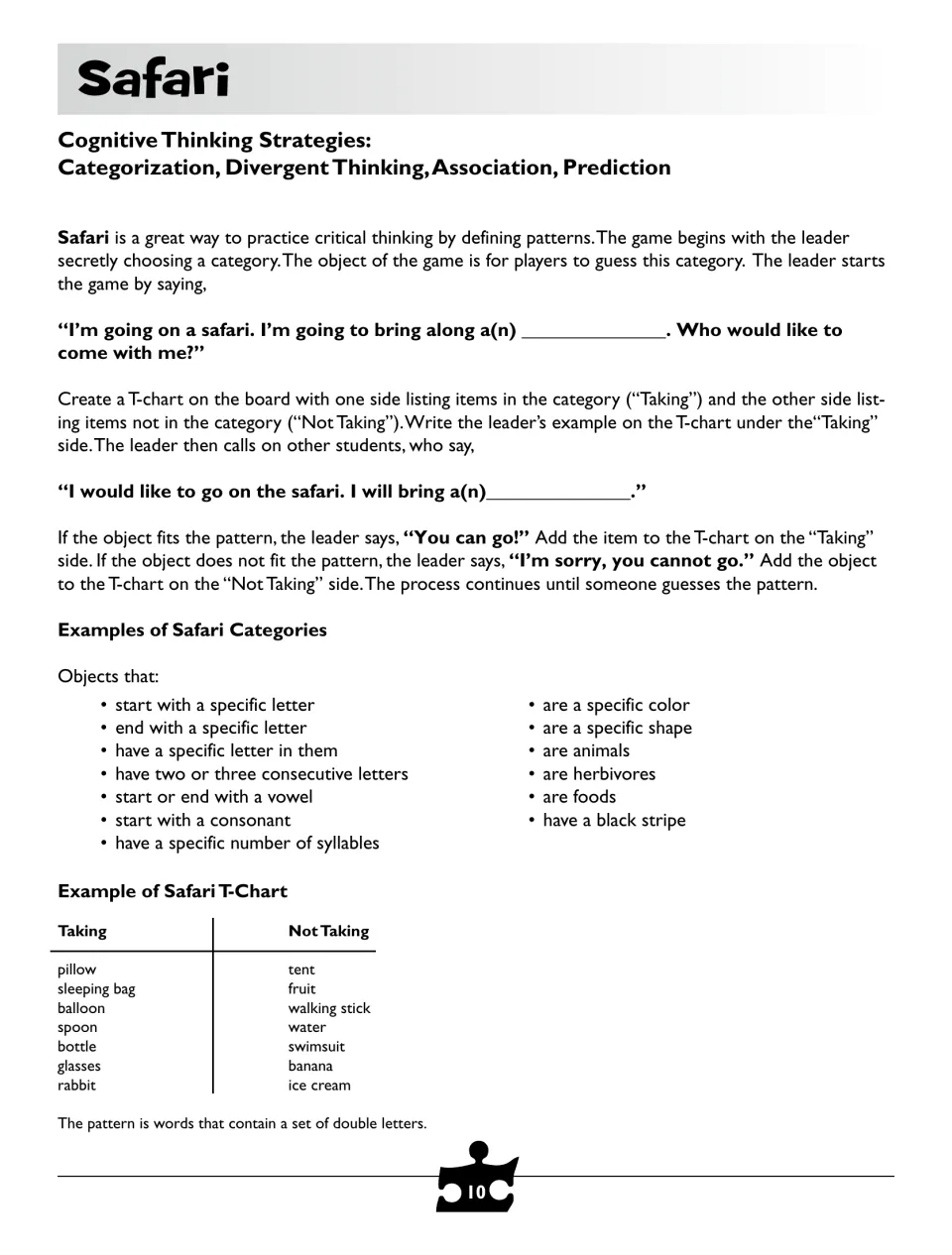 Safari pattern game: students guess the leader's secret category from Taking and Not Taking items on a sample T-chart