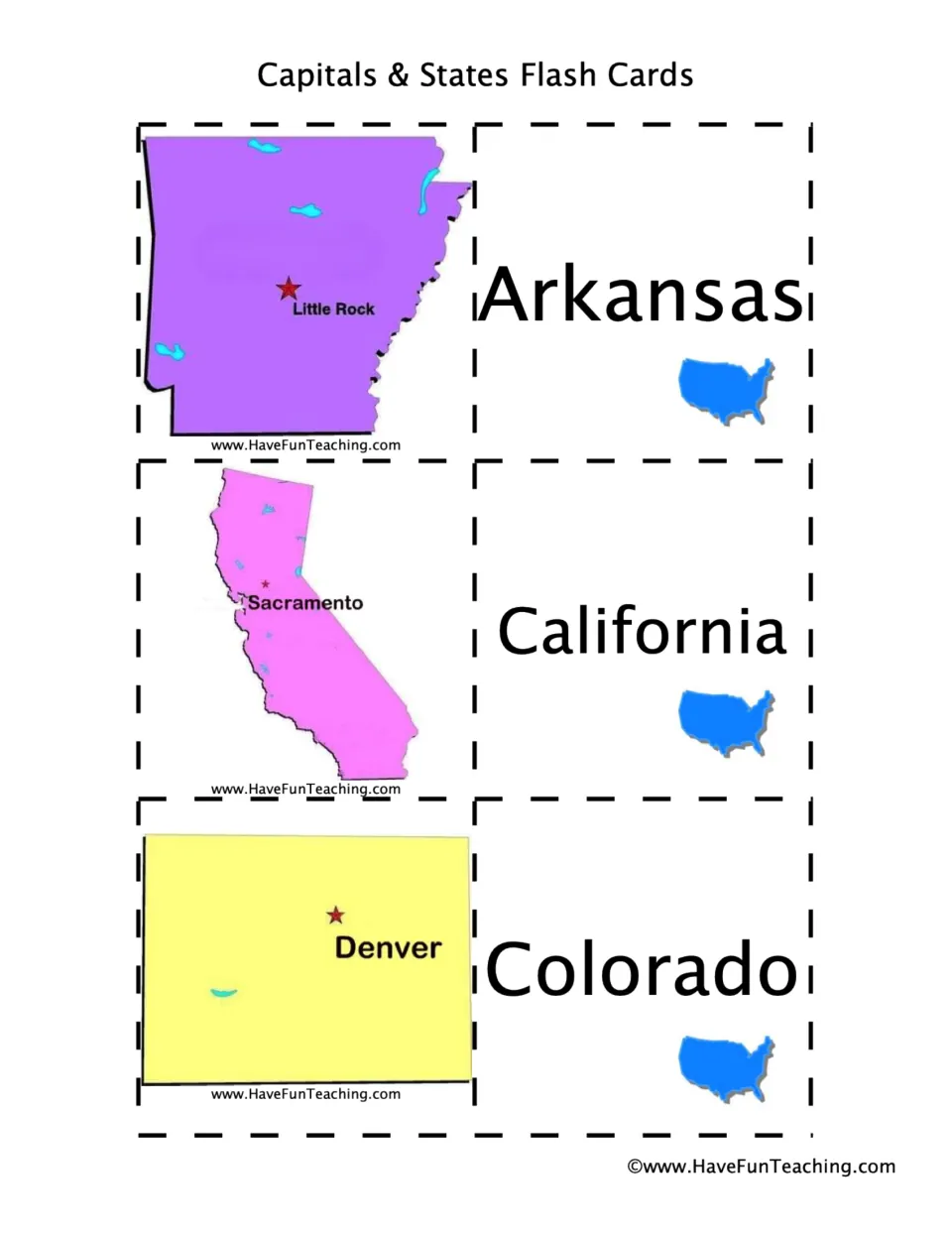 Flashcard pairs: Arkansas–Little Rock, California–Sacramento, and Colorado–Denver, with state maps.