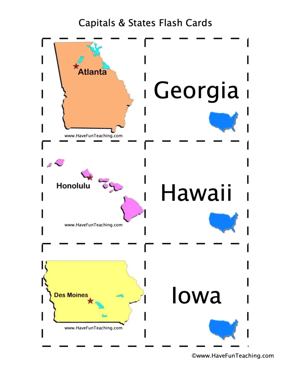 Flashcard pairs: Georgia–Atlanta, Hawaii–Honolulu, and Iowa–Des Moines, with labeled state maps.
