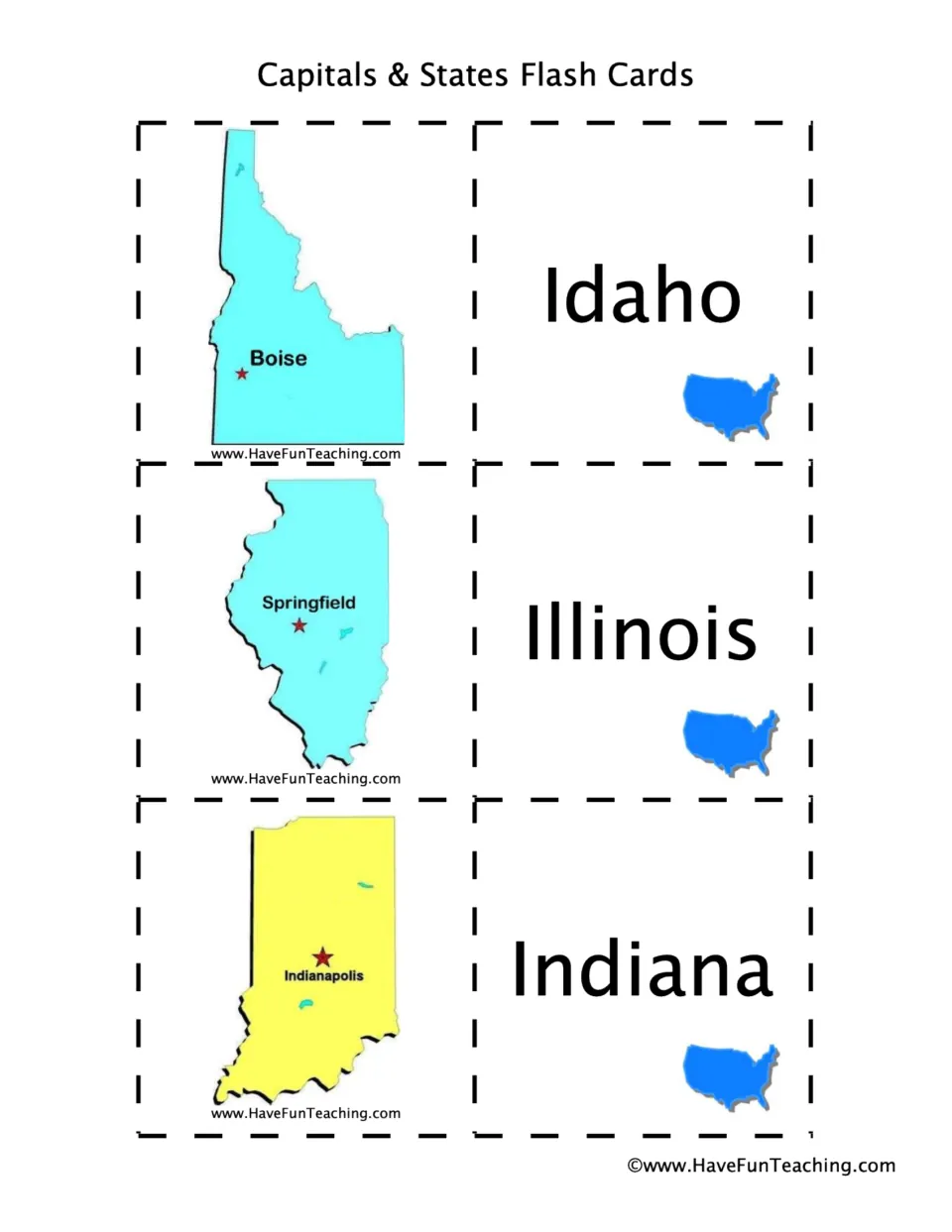 Flashcard pairs: Idaho–Boise, Illinois–Springfield, and Indiana–Indianapolis, with labeled state maps.