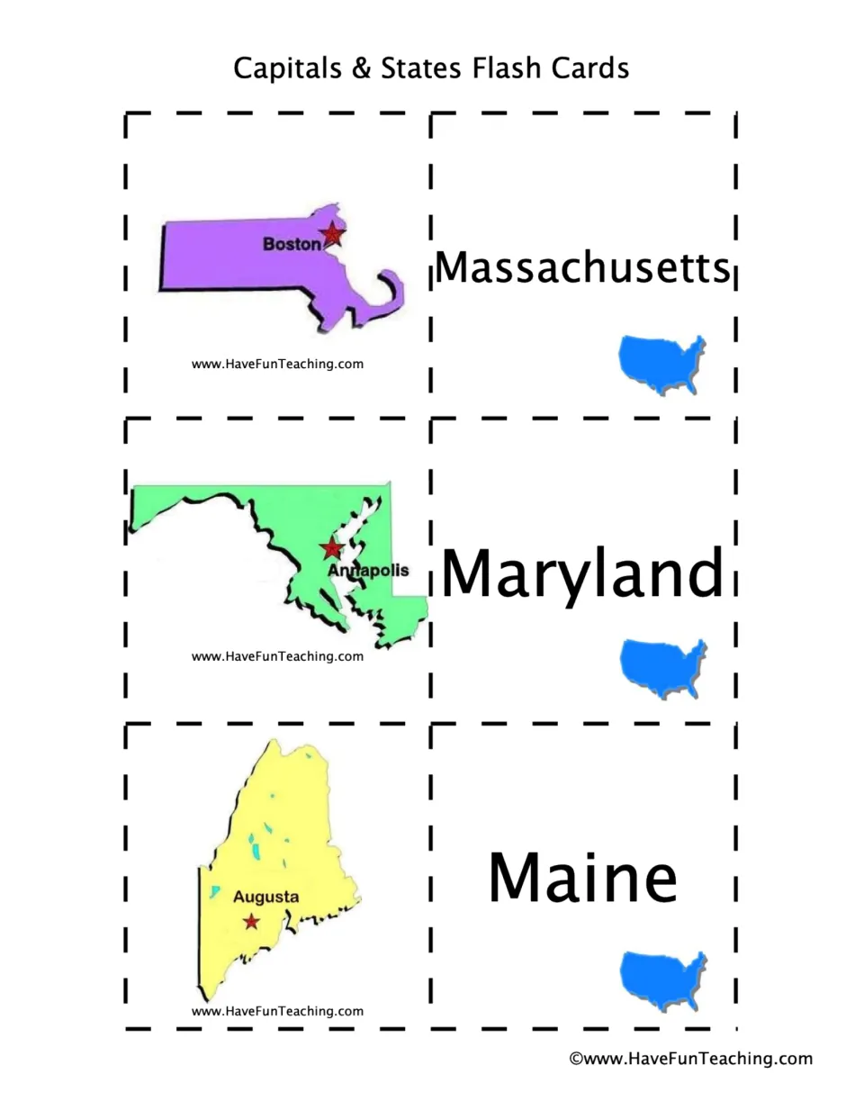 Flashcard pairs: Massachusetts–Boston, Maryland–Annapolis, and Maine–Augusta, with labeled state maps.