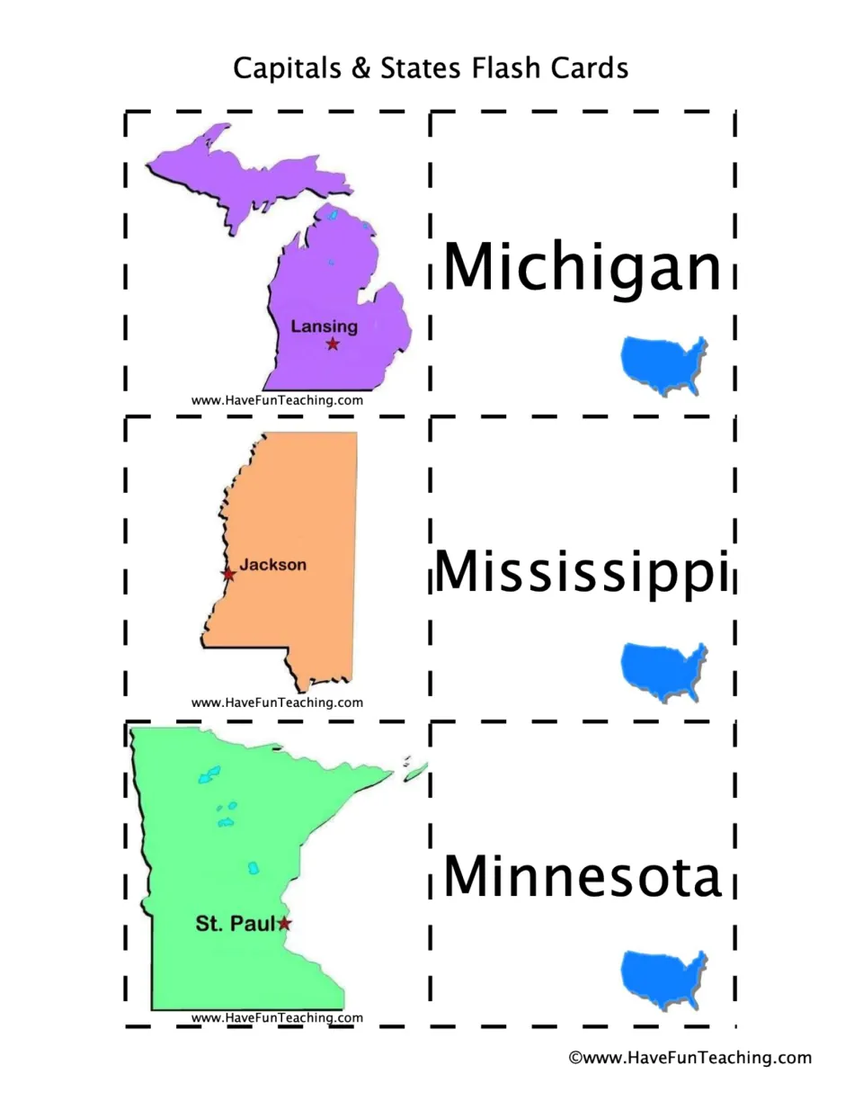 Flashcard pairs: Michigan–Lansing, Mississippi–Jackson, and Minnesota–St. Paul, with labeled state maps.
