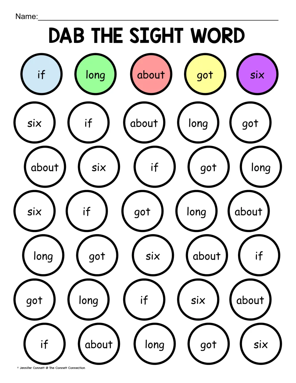 Dab the Sight Word: students dab if, long, about, got and six in the matching color shown in the top color key