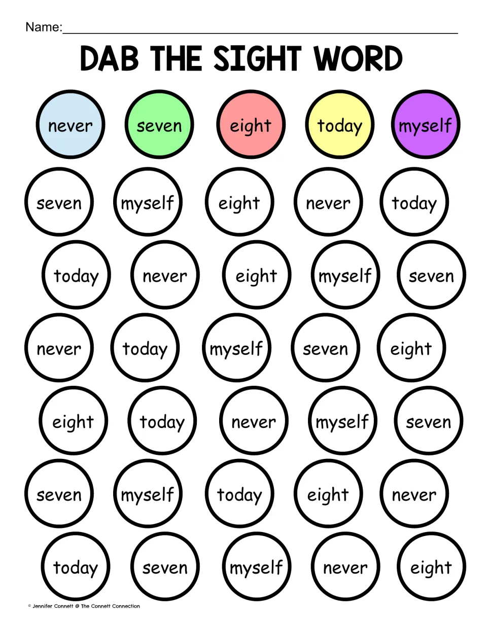 Sight word dabbing: students find never, seven, eight, today and myself and dab each one to match its key color
