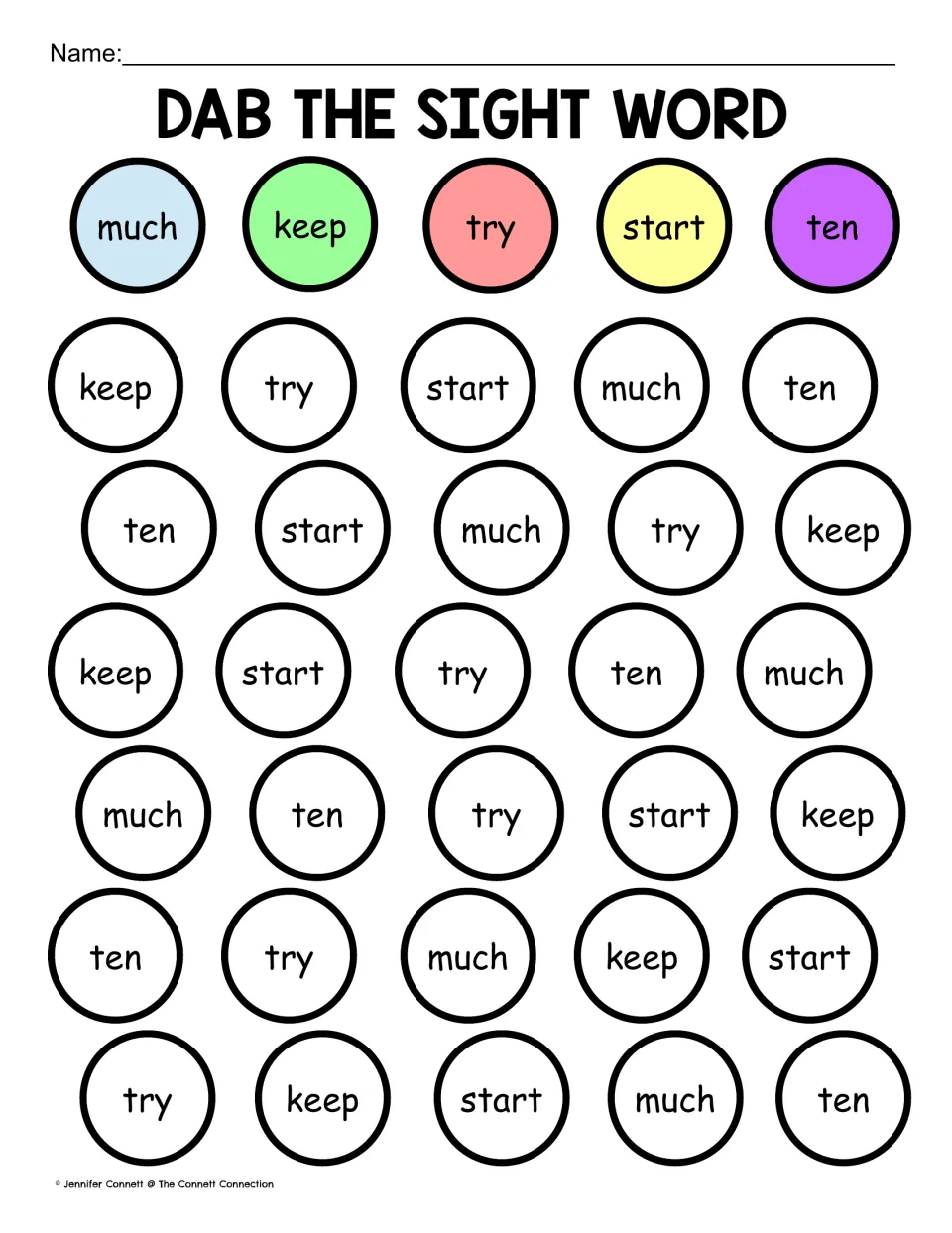 Sight word color match: students dab every much, keep, try, start and ten using the five colors in the key row