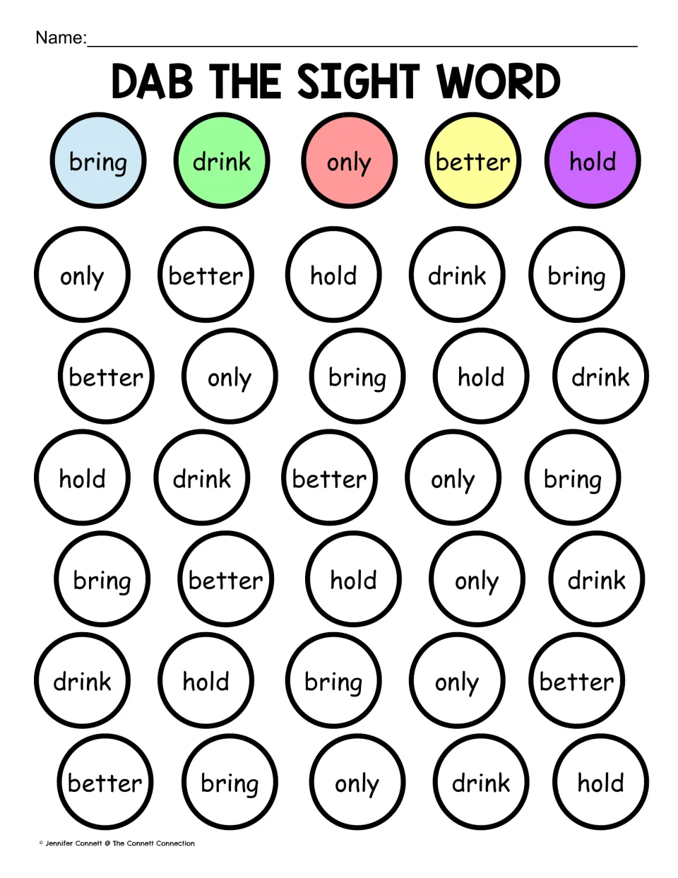 Dab-a-word practice with bring, drink, only, better and hold: students dab each repeat in its color from the key