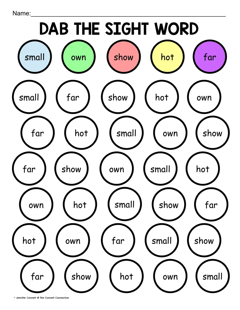 Sight word recognition with small, own, show, hot and far: students dab each word to match the colored key row
