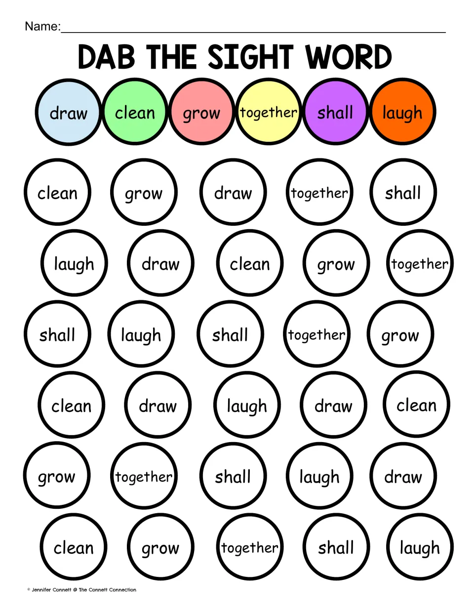 Six-word dab page: draw, clean, grow, together, shall and laugh, each dabbed in its own color from the top key