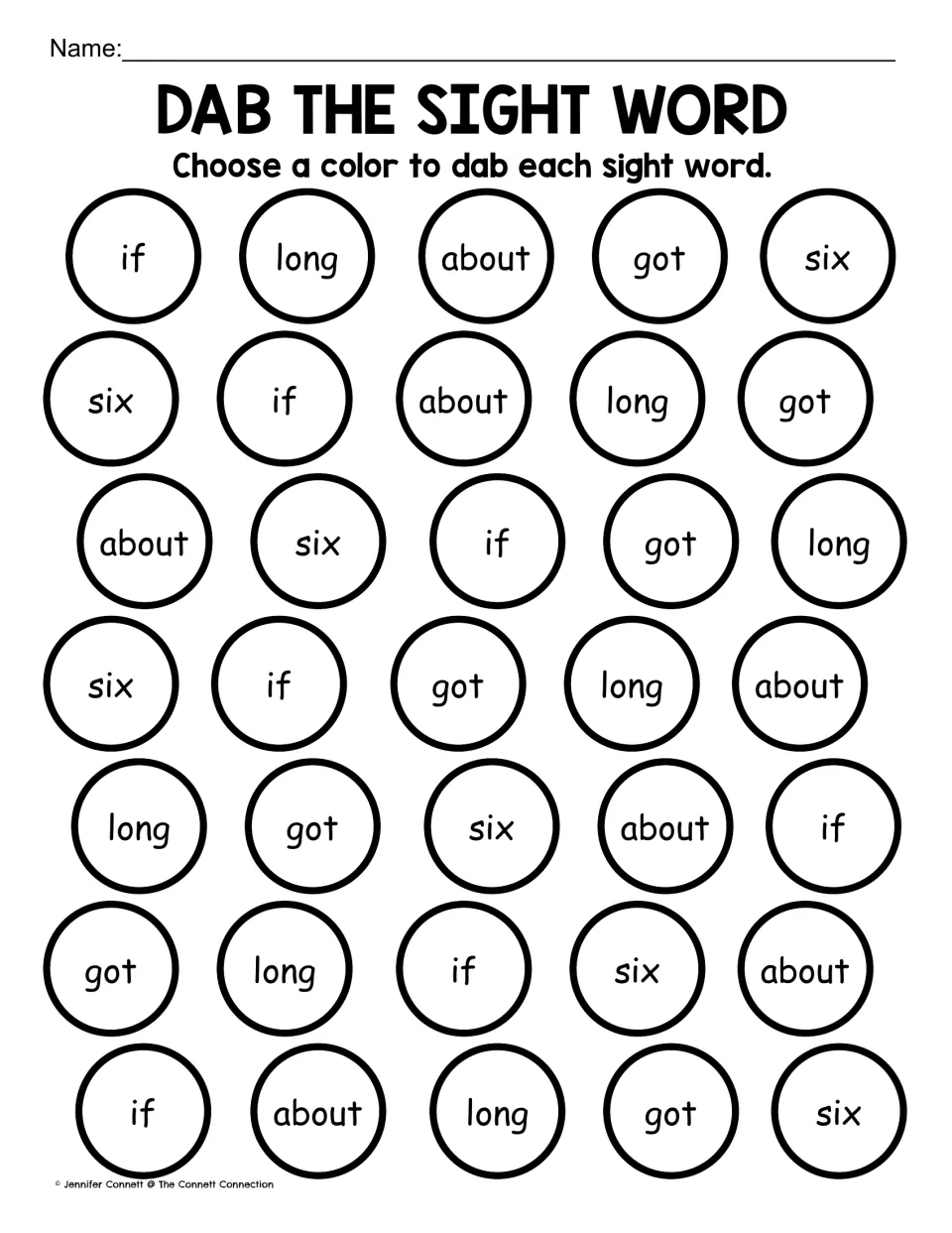 Choose-your-color version for if, long, about, got and six: students pick a color for each word, with no key shown