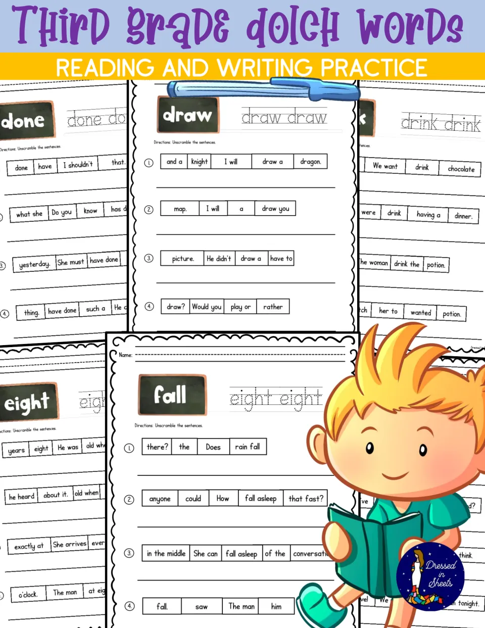 Third Grade Dolch Words Reading and Writing Practice cover: unscramble-sentence pages for done, draw, eight and fall