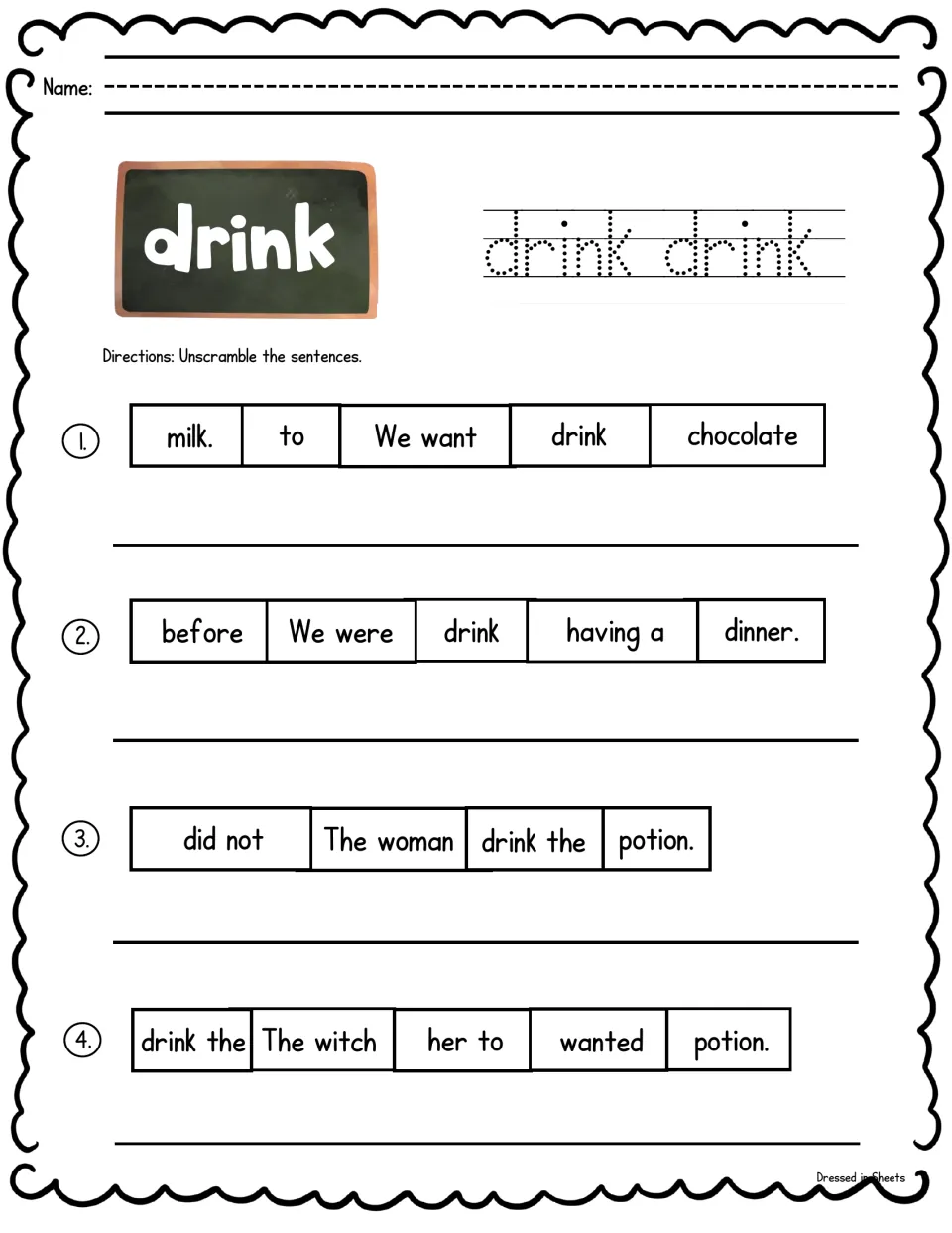 Sight word drink: students trace drink and put word cards in order for 4 sentences about chocolate milk and a potion