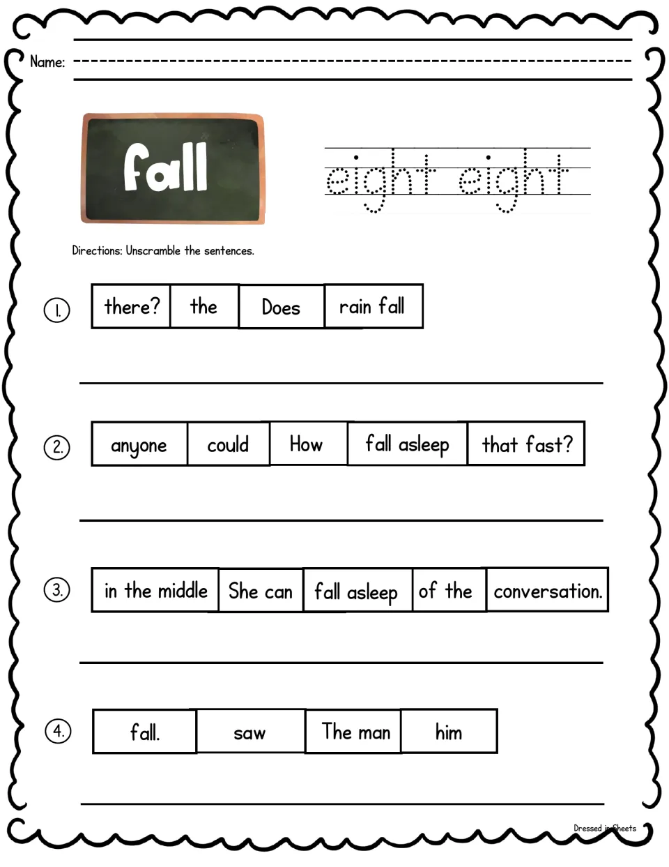 Sight word fall: students unscramble 4 sentences such as "Does the rain fall there?"; the tracing row shows eight
