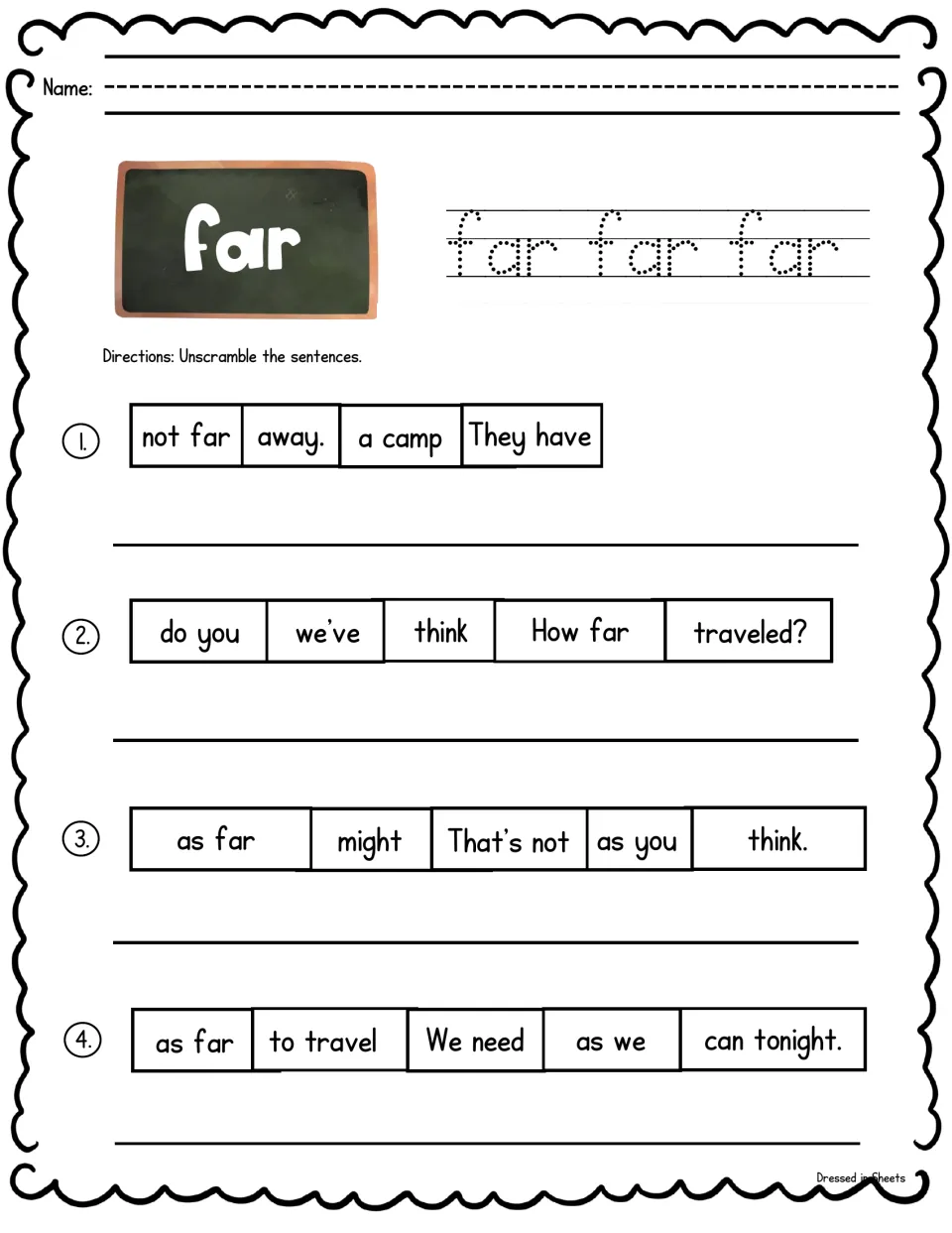Sight word far: students trace far and reorder word cards into 4 sentences, like "They have a camp not far away."