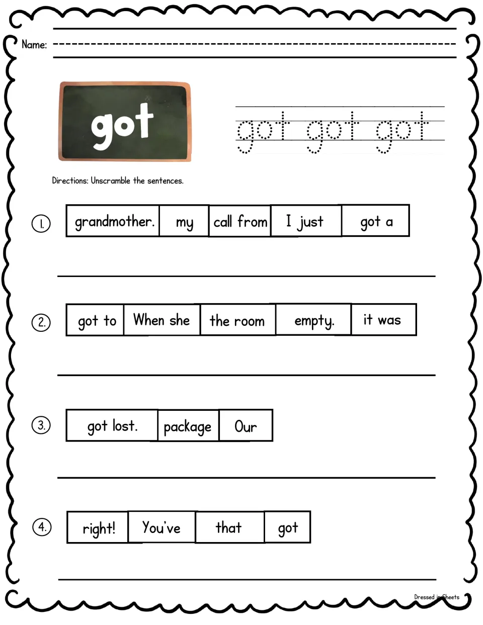 Sight word got: students trace got and build 4 sentences from mixed-up cards, such as "Our package got lost."