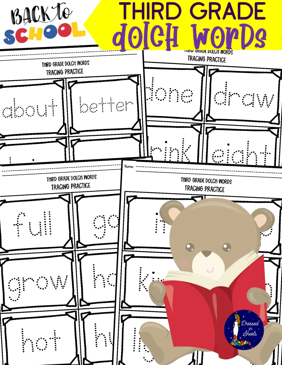 Back to School cover for third grade Dolch words, showing dotted tracing pages for about, done, full and a bear with a book