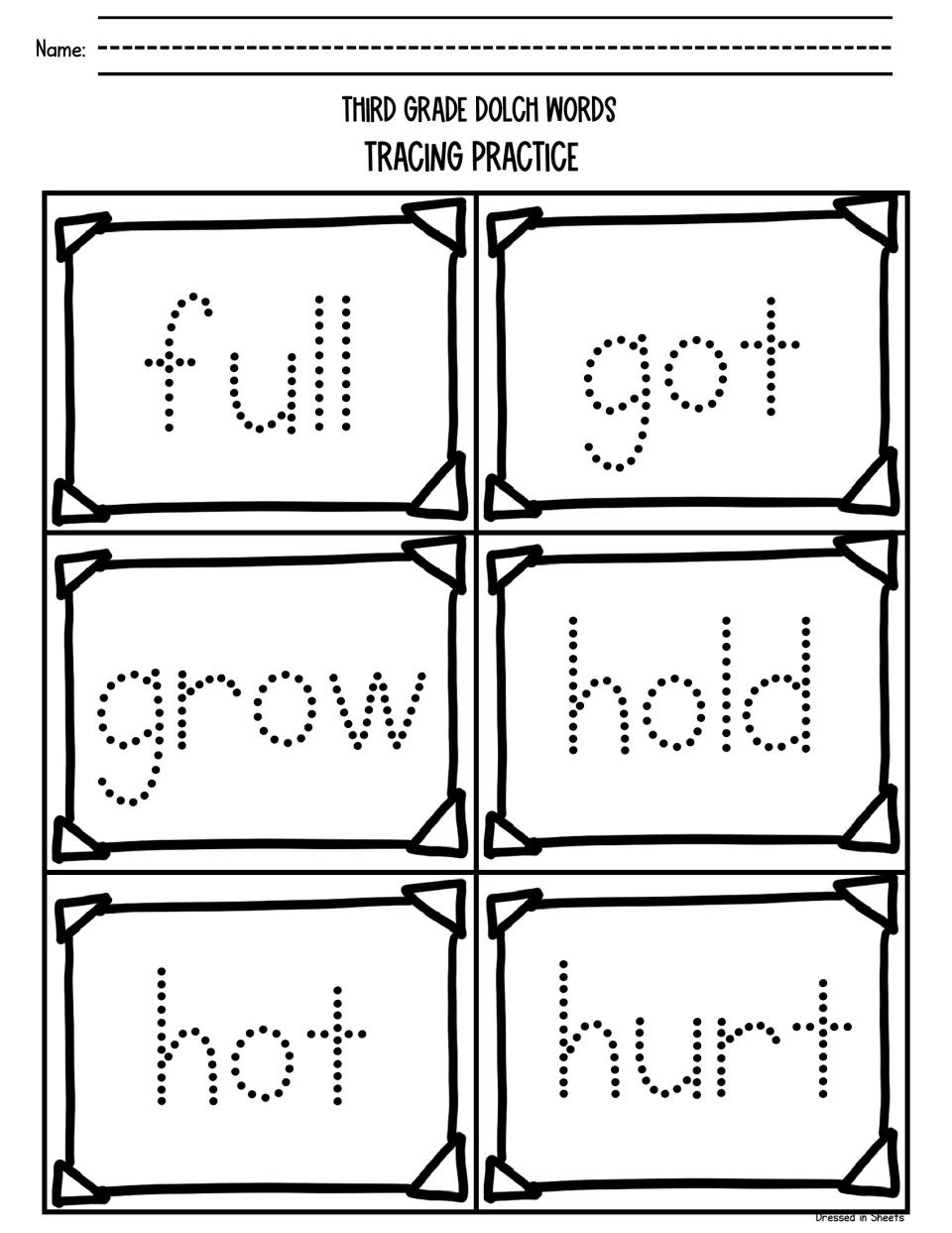 Dolch word tracing for f, g and h: students trace the dotted letters of full, got, grow, hold, hot and hurt