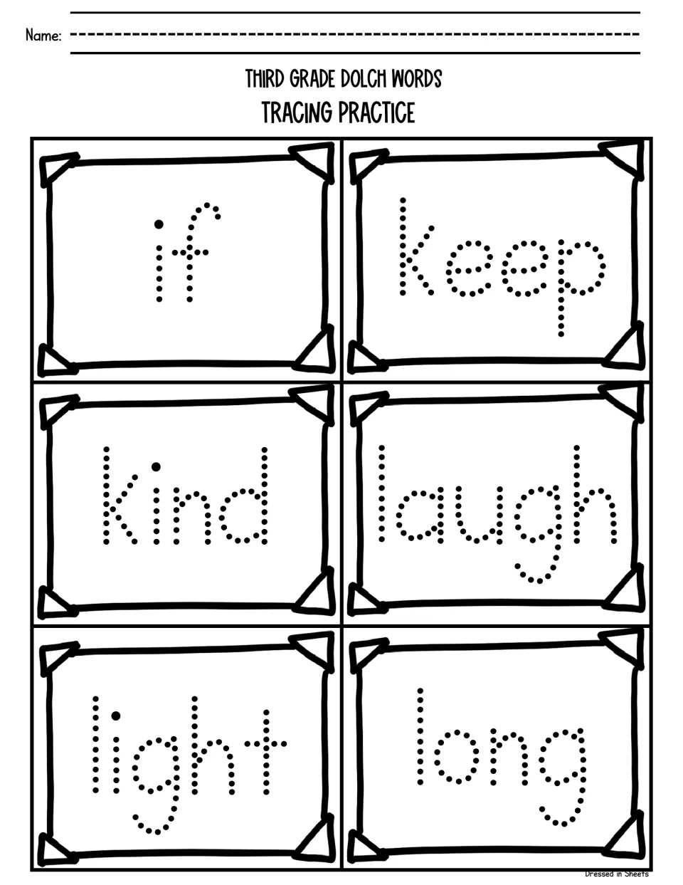 Tracing Dolch high-frequency words: students follow the dots to write if, keep, kind, laugh, light and long