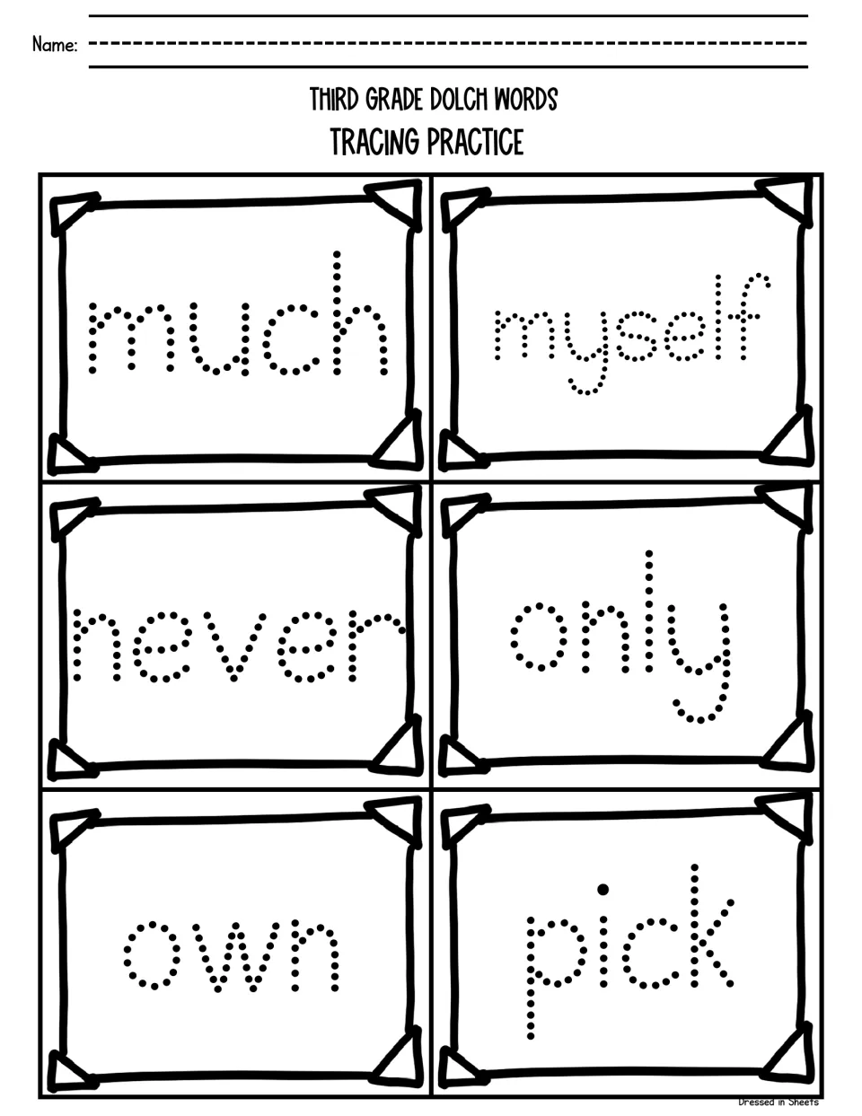 Letter formation with Dolch words: students trace the dotted words much, myself, never, only, own and pick