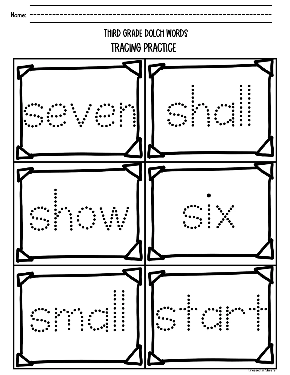 Sight word tracing with s words: students trace dotted seven, shall, show, six, small and start, writing their name