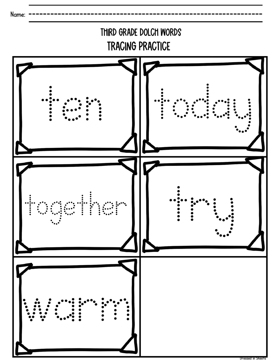 Final Dolch tracing page: students trace the dotted words ten, today, together, try and warm, five words in all
