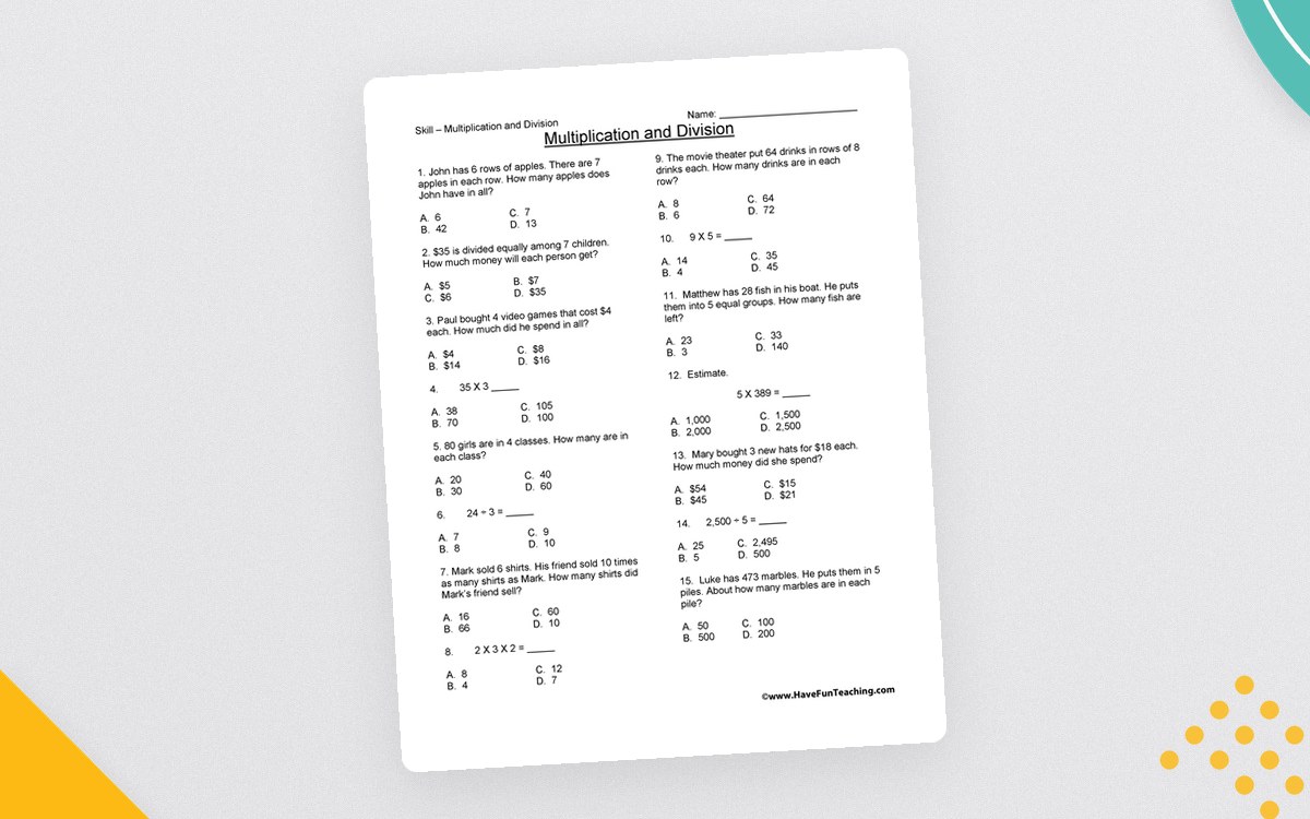 Third Grade Multiplication and Division Test Practice Worksheet preview