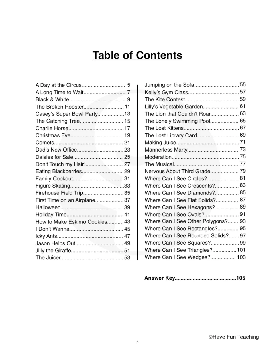 Table of contents listing 50 story titles, from A Day at the Circus to Where Can I See Wedges?, plus answer key, p. 105
