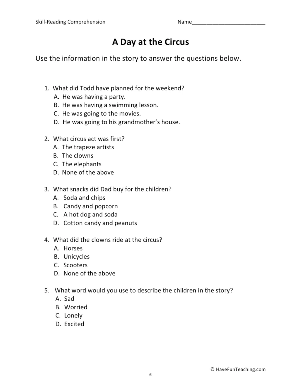 A Day at the Circus questions: students answer 5 multiple-choice items on Todd's plans, the first act, snacks and mood