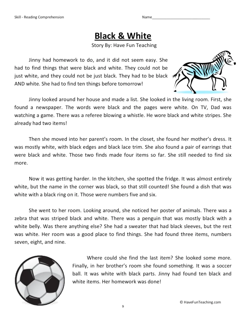 Black & White story: Jinny hunts her house for ten black-and-white things, from a newspaper to a soccer ball