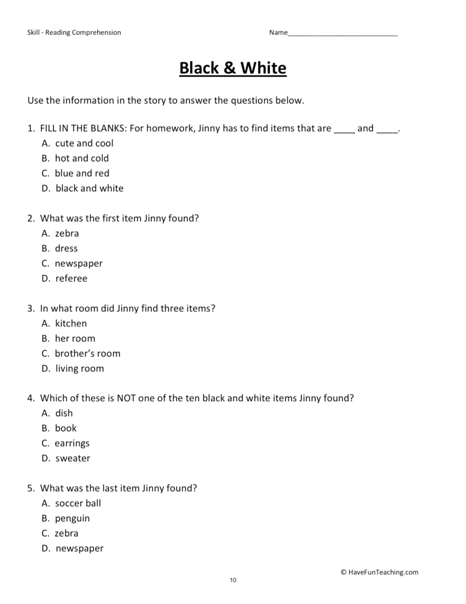 Black & White questions: students fill in a blank and answer multiple-choice items on what Jinny found and where
