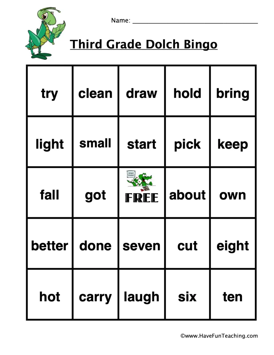 Dolch bingo card 1, grasshopper: students mark sight words like try, clean, draw, hold and bring around a FREE space