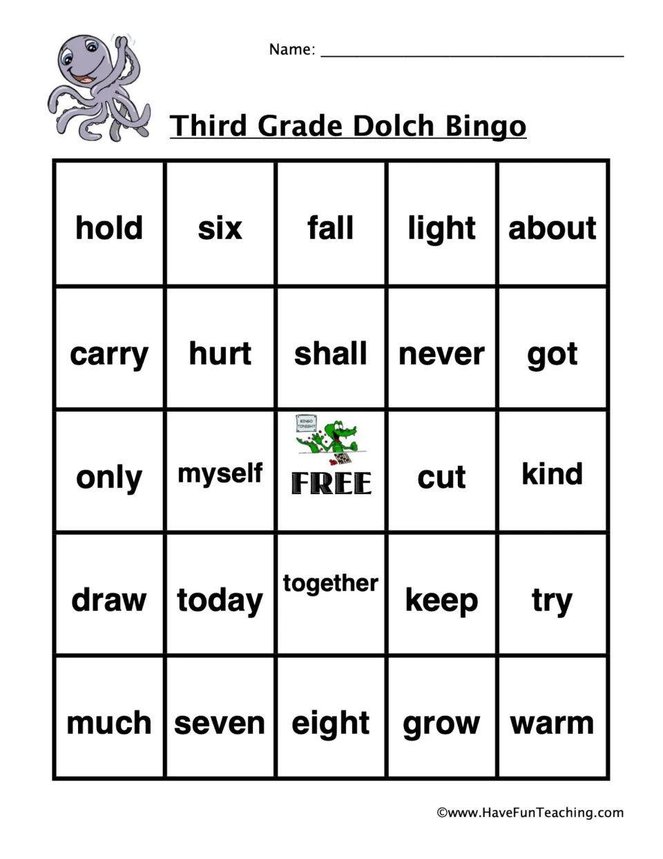 Dolch bingo card 2, octopus: students listen and mark sight words such as hold, six, fall, light, carry, hurt and shall